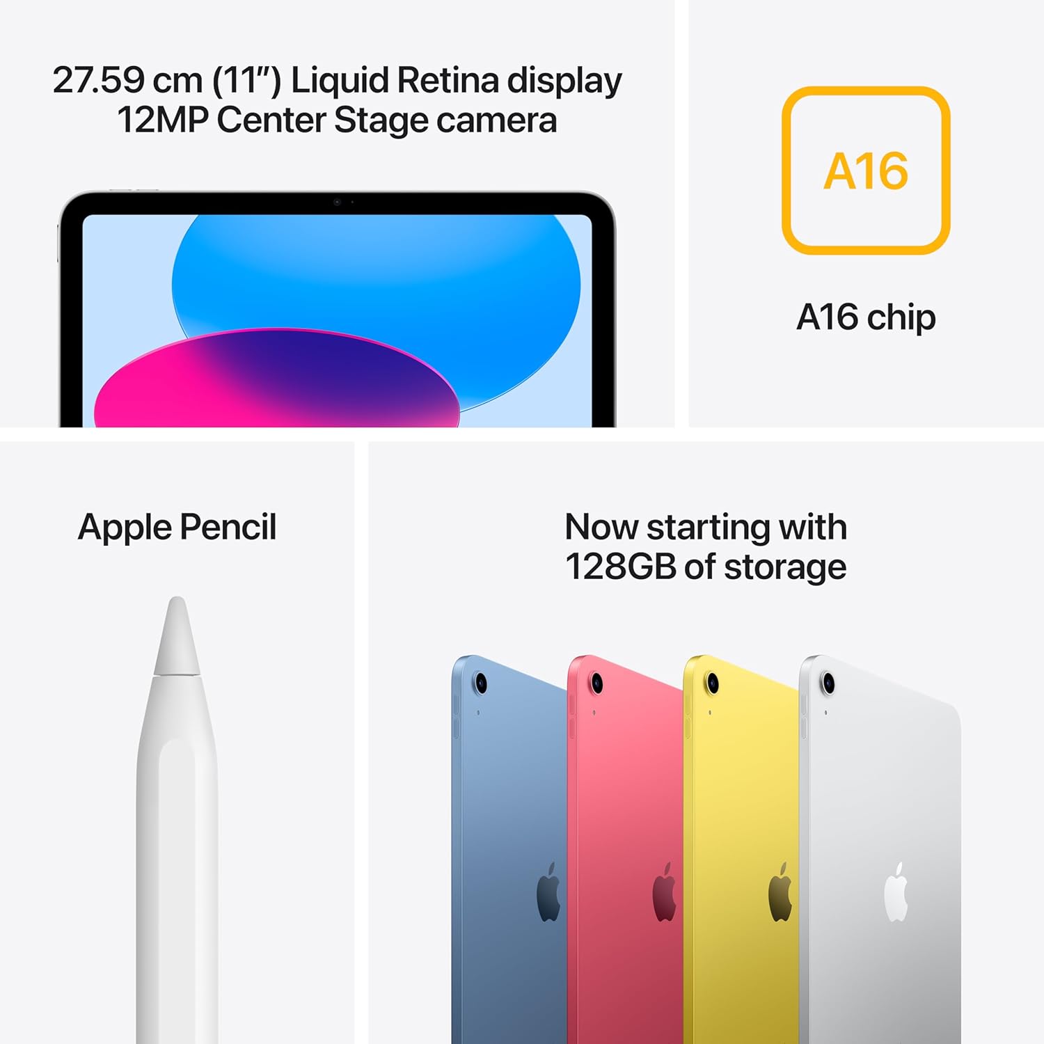 Apple iPad 11″: A16 chip, 27.69 cm (11″) Model, Liquid Retina Display, 128GB, Wi-Fi 6, 12MP Front/12MP Back Camera, Touch ID, All-Day Battery Life — Silver - Image 3